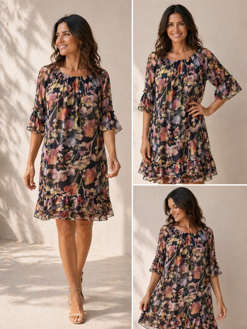 Via Signoria linen blend Floral Chiffon Women's dress voven flowy ruffle medium